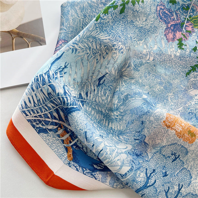 65cm Mulberry Silk Whimsical Garden Scarf Double Crepe Spring Summer Square Shawl
