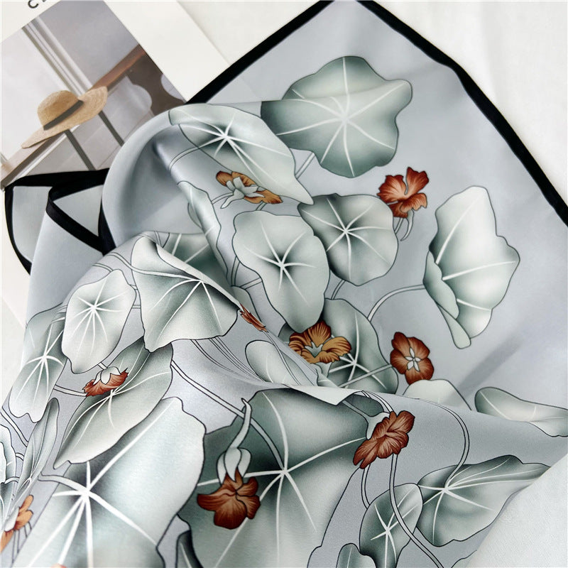 65cm Lotus Leaf Mulberry Silk Scarf – Women’s Autumn Style, Versatile Chinese Square Silk Scarf