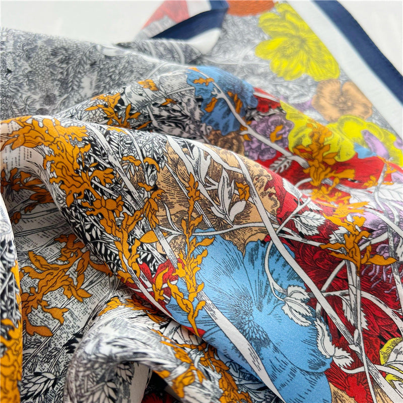 65cm Mulberry Silk Whimsical Garden Scarf Double Crepe Spring Summer Square Shawl