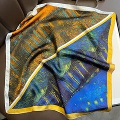 Zweifarbiger Patchwork-Ölgemälde-Schal aus 100 % Maulbeerseide/Kopftuch aus Seide/Haarschal aus Seide/Halstuch aus Seide/Muttertagsgeschenke/Taschenaccessoire/Geschenk für Sie
