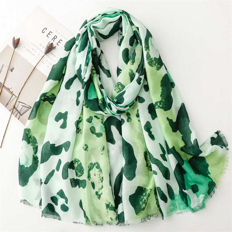 Spring and summer four seasons thin cotton and linen feel scarf European and American cloud leopard print rough edge scarf warm shawl women