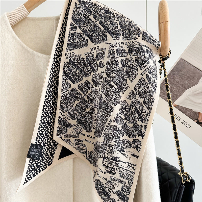 City Map Print Scarf – Luxury Mulberry Silk & Wool Long Ribbon Wrap