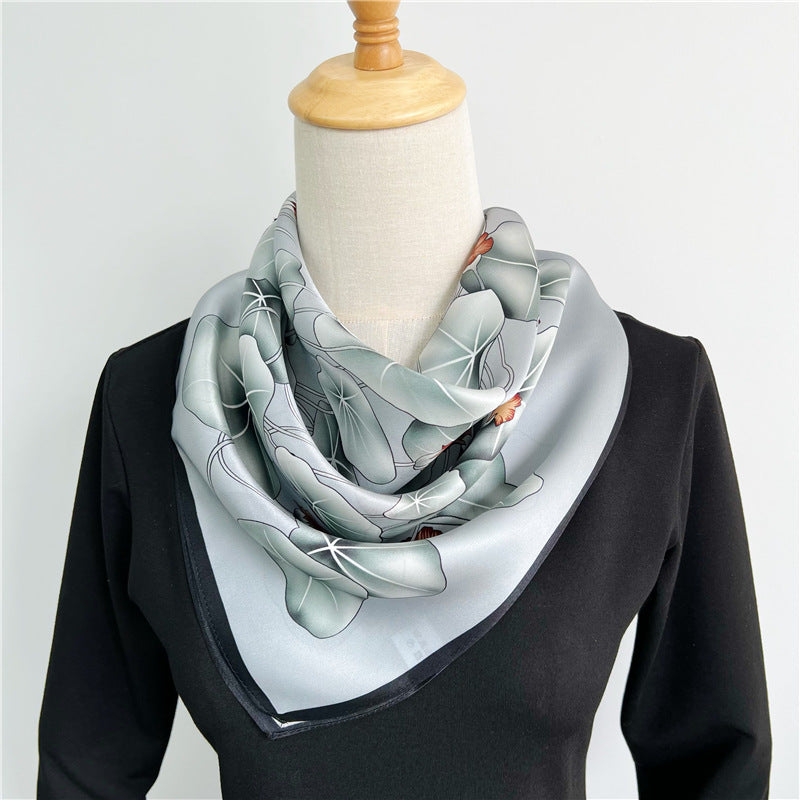 65cm Lotus Leaf Mulberry Silk Scarf – Women’s Autumn Style, Versatile Chinese Square Silk Scarf