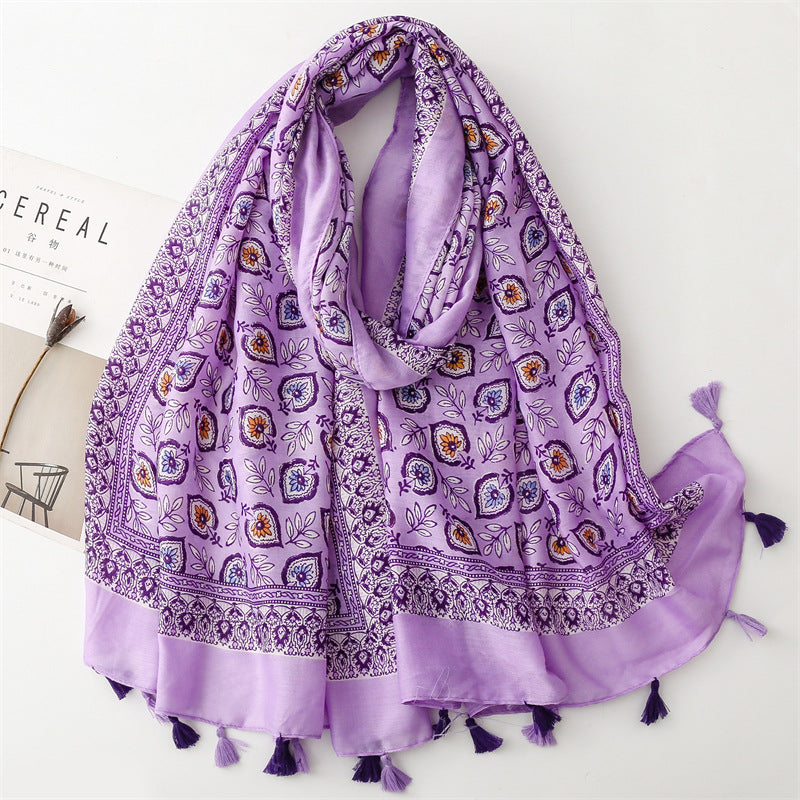 Spring and summer new cotton and linen feel scarf celebrity style shell flower fringed scarf warm shawl