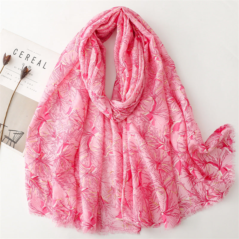 Autumn and winter cotton and linen feel scarf bronzing snow ginkgo biloba leaves burr scarf warm shawl