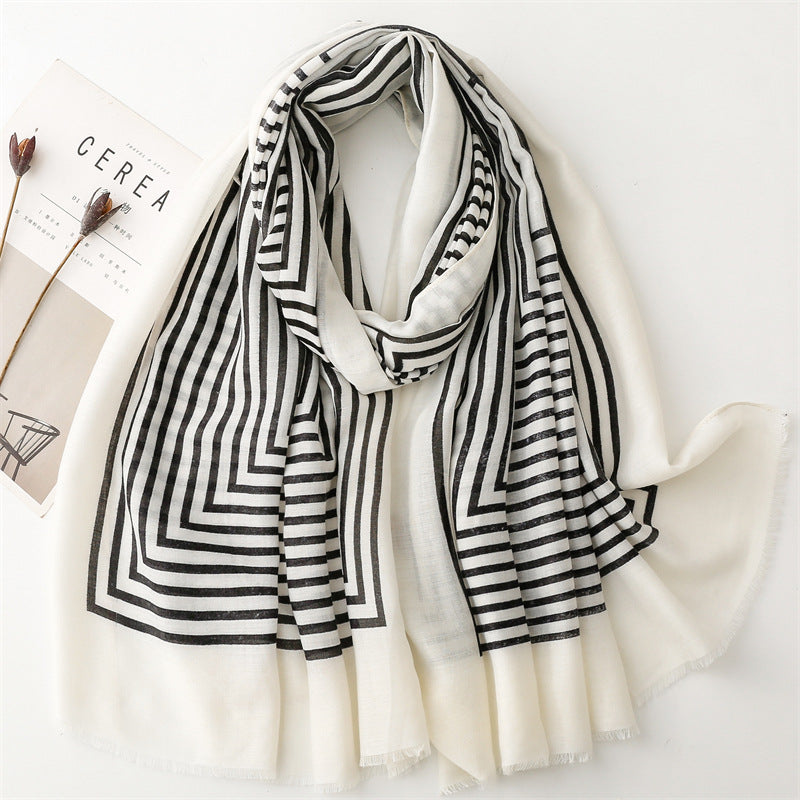 Spring and summer thin cotton and linen feel scarf colored striped rough edge scarf warm shawl women