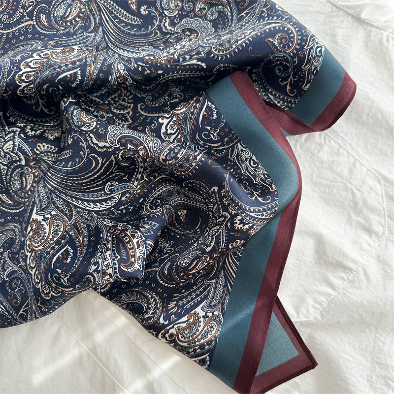 65cm Mulberry Silk Classic Paisley Scarf – Navy Blue Double Crepe Square Shawl for Spring & Summer