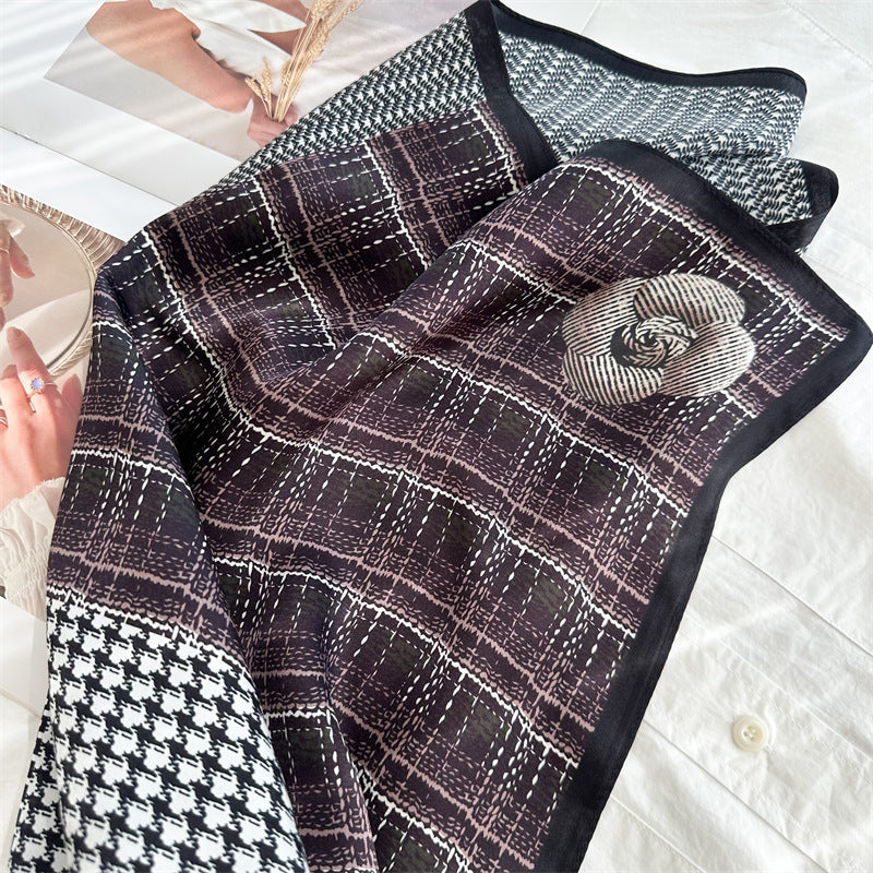 65cm Mulberry Silk Scarf – Plaid, Houndstooth & Rose Print Double Crepe Square Shawl for Spring & Summer