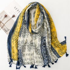 Chinese style wear accessories cotton and linen feel Bali yarn scarf exotic ethnic style cross stitch pattern fringed scarf