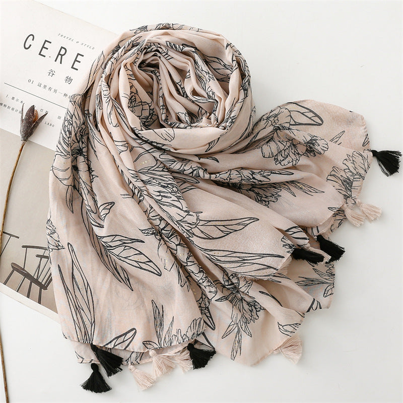 Scarf travel sunscreen scarf Hanfu accessories photo retro ethnic style khaki big flower bronzing shawl