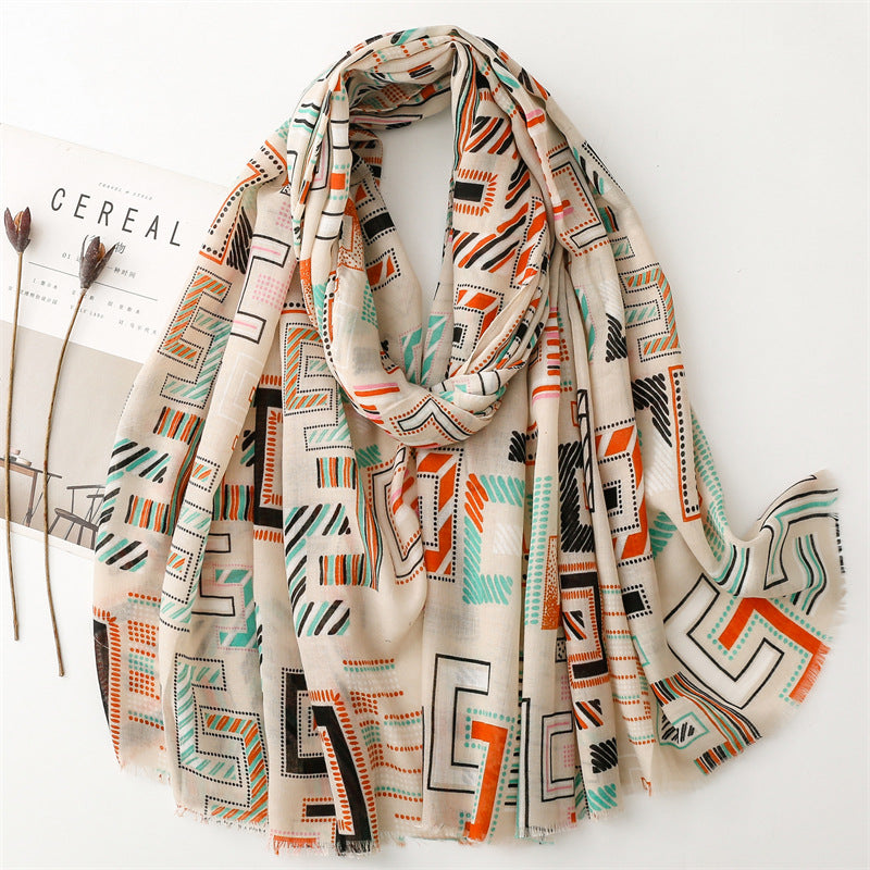 Spring and summer thin cotton and linen feel scarf colored magnet geometric scarf shawl women