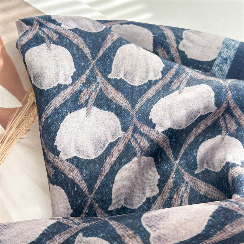 65cm Blue Lily of the Valley Mulberry Silk Scarf – Elegant Square Silk Shawl for Women, Fresh & Versatile Accessory