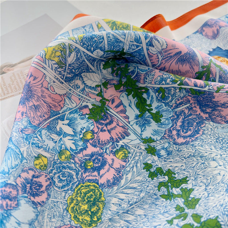 65cm Mulberry Silk Whimsical Garden Scarf Double Crepe Spring Summer Square Shawl