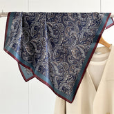 65cm Mulberry Silk Classic Paisley Scarf – Navy Blue Double Crepe Square Shawl for Spring & Summer