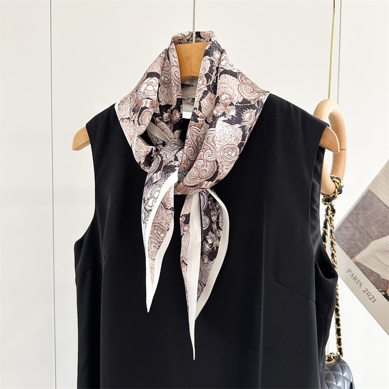 Camellia Double-Sided Mulberry Silk Scarf | Artistic Long Ribbon for Spring & Summer