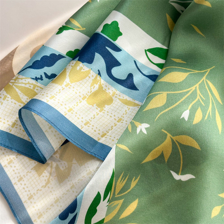 65cm Fresh Floral Mulberry Silk Scarf – Elegant Square Silk Shawl for Women, Lightweight & Versatile Accessory