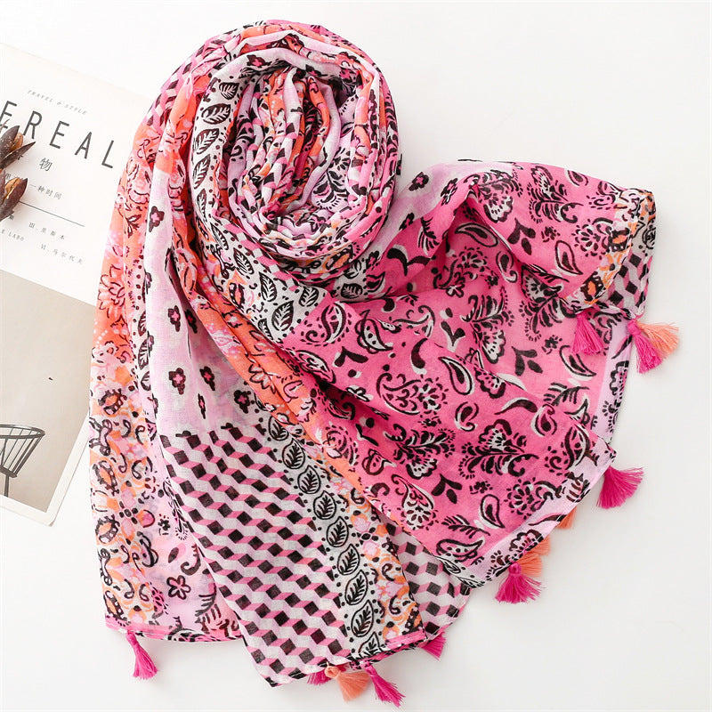 Vintage Wear Accessories Cotton and Linen Feel Bali Yarn Scarf Ethnic Style Pink Cashew Nut Flower Fringed Scarf Shawl Women