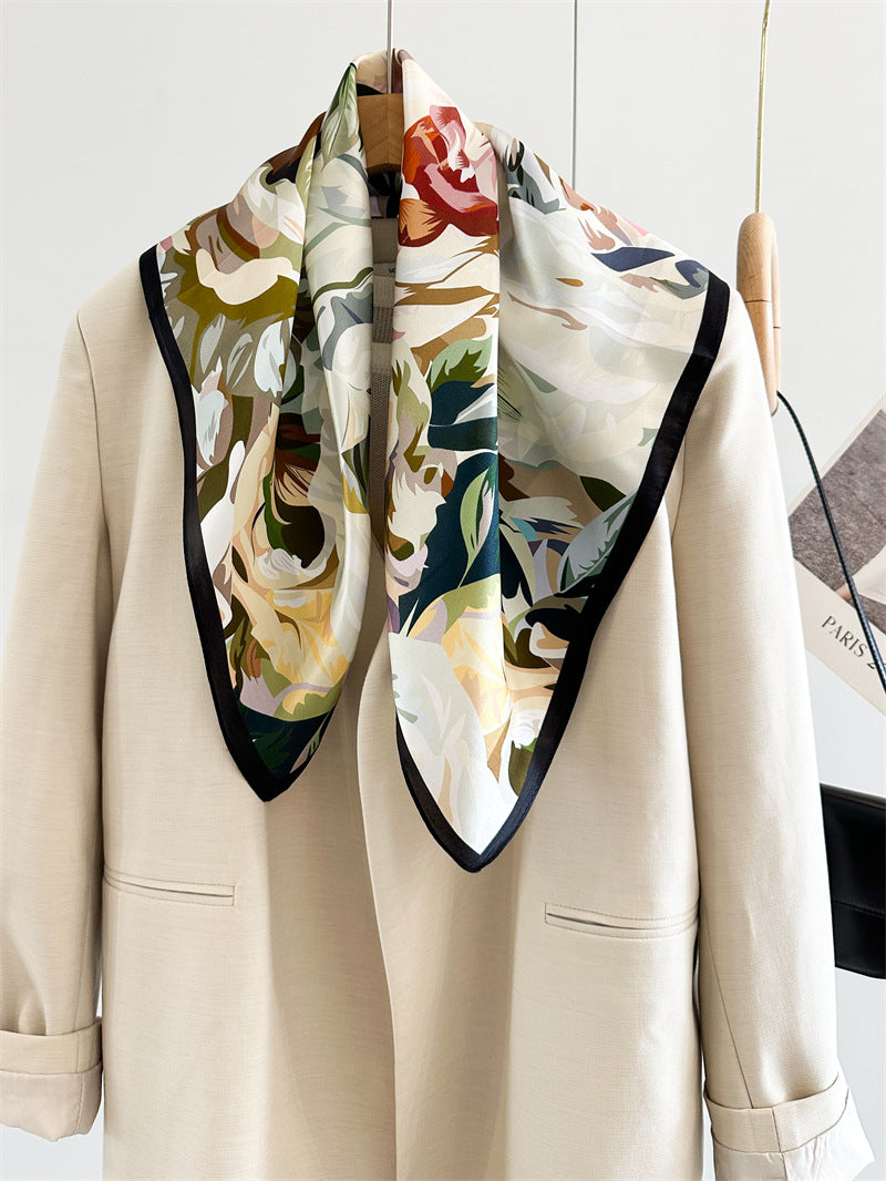 65cm Mulberry Silk Bold Rose Scarf – Double Crepe Square Shawl for Women, Elegant Floral Accessory