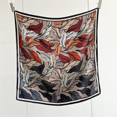65cm Mulberry Silk Leaf Print Scarf – Double Crepe Square Shawl for Spring and Summer