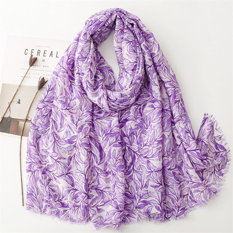 Autumn and winter cotton and linen feel scarf bronzing bamboo leaf green leaf rough edge scarf warm shawl women