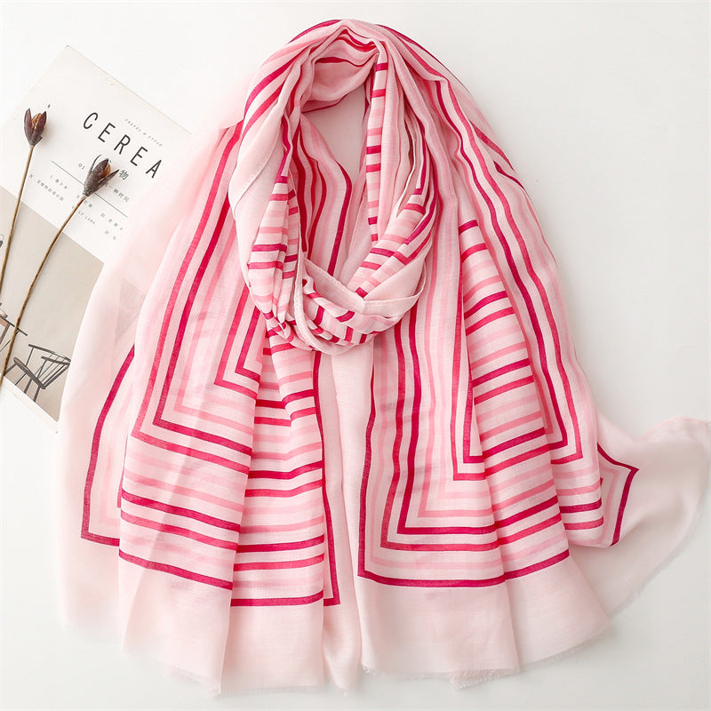 Spring and summer thin cotton and linen feel scarf colored striped rough edge scarf warm shawl women