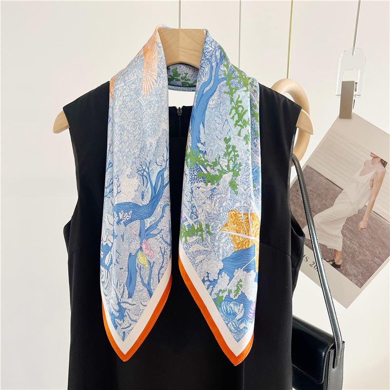 65cm Mulberry Silk Whimsical Garden Scarf Double Crepe Spring Summer Square Shawl