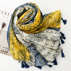 Chinese style wear accessories cotton and linen feel Bali yarn scarf exotic ethnic style cross stitch pattern fringed scarf