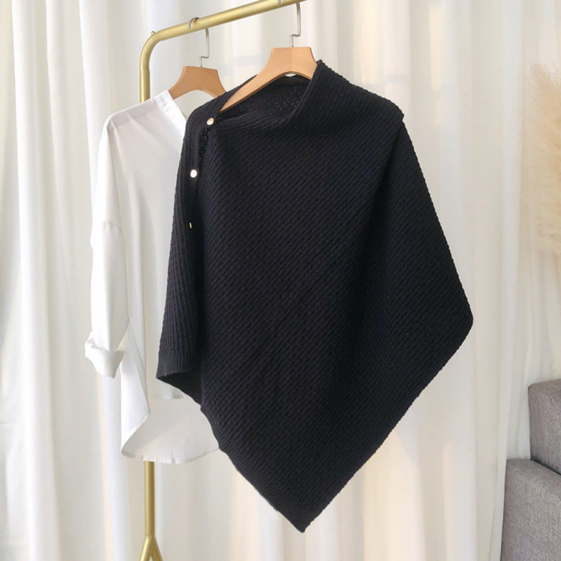 Knitted Plaid Shawl Cape with Buckle - Versatile and Warm Scarf Wrap for Women