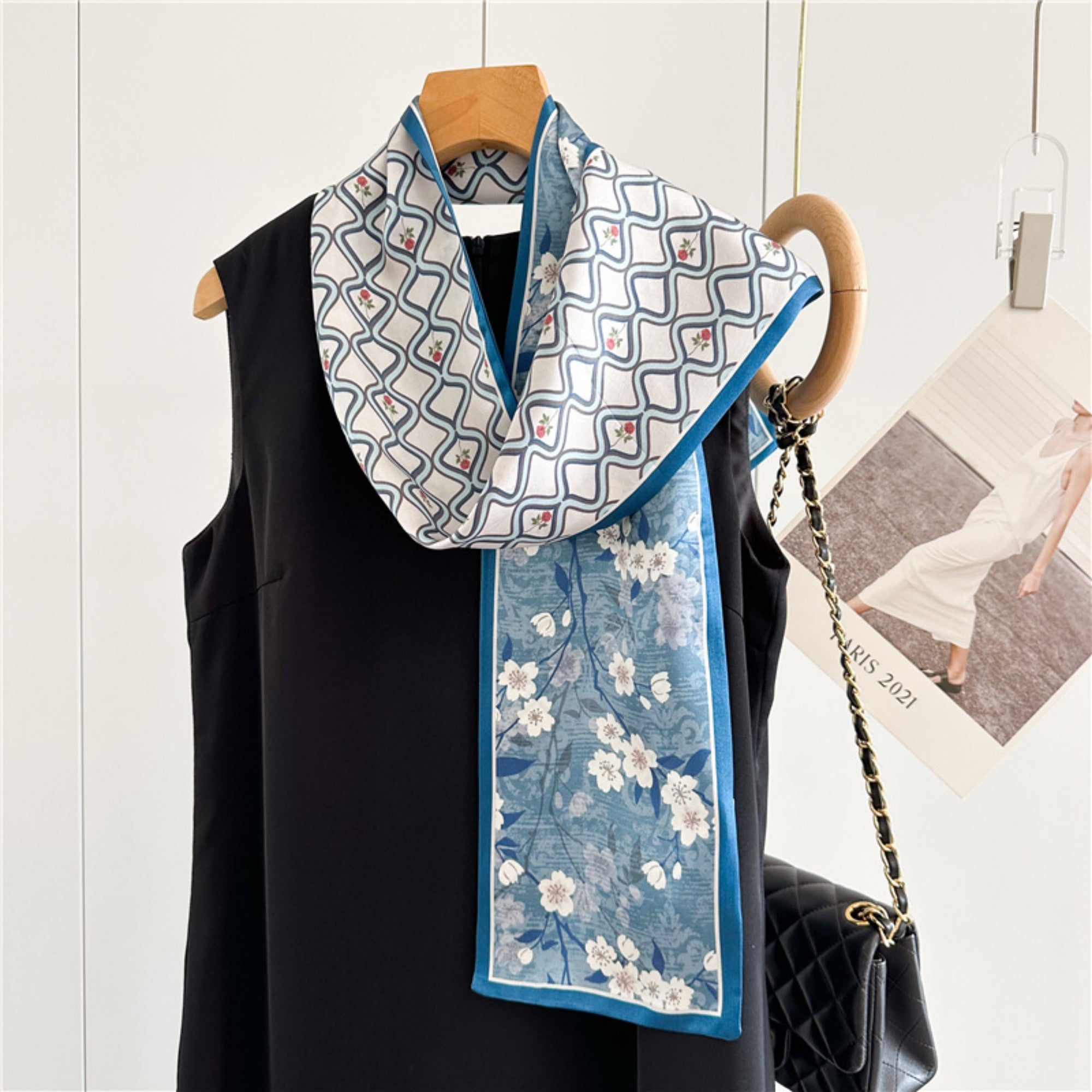 Elegant Blue Floral Plaid Silk Scarf | Graceful Checkered Mulberry Silk Ribbon