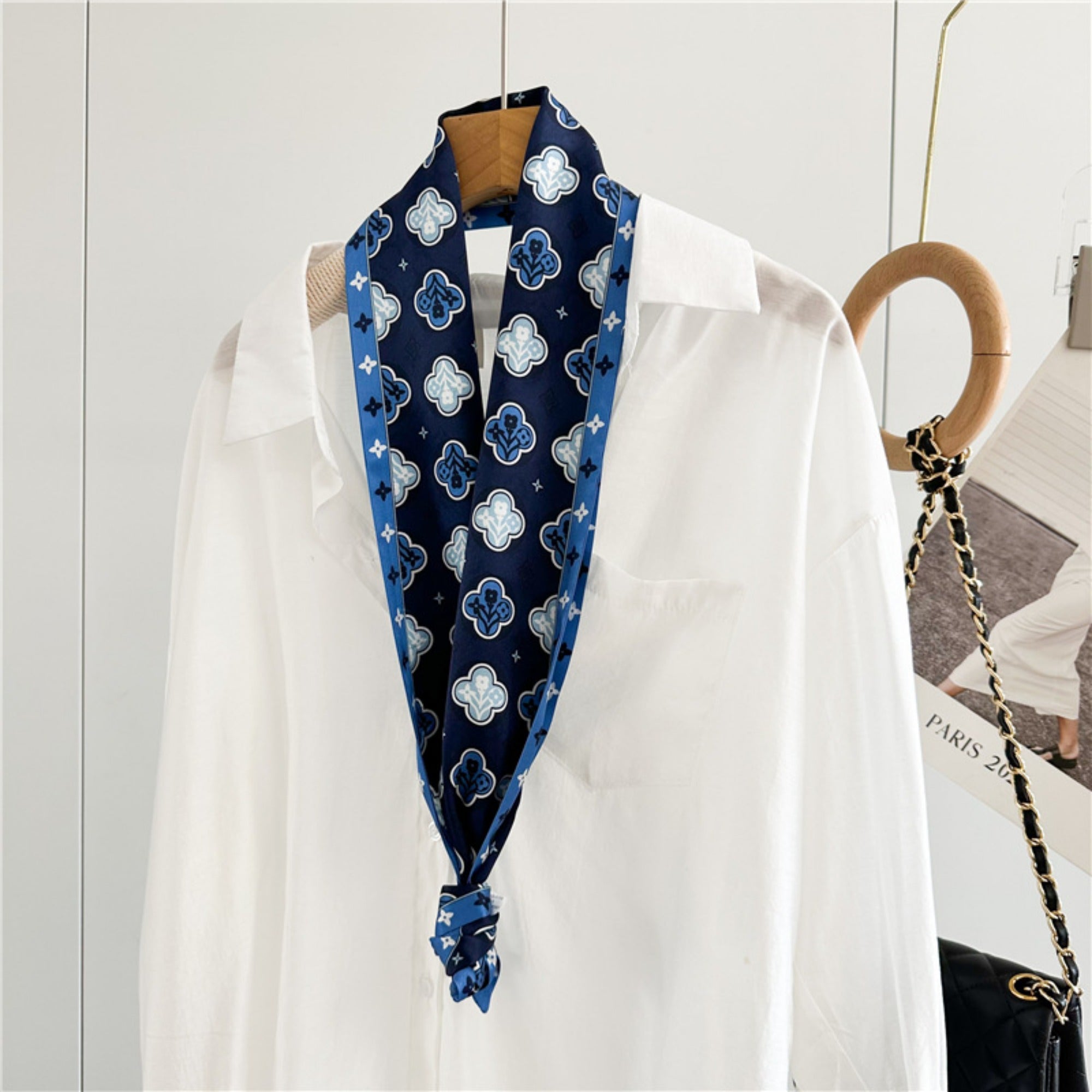 Blue Four-Leaf Clover Mulberry Silk Scarf | Lucky Charm Double-Sided Long Ribbon