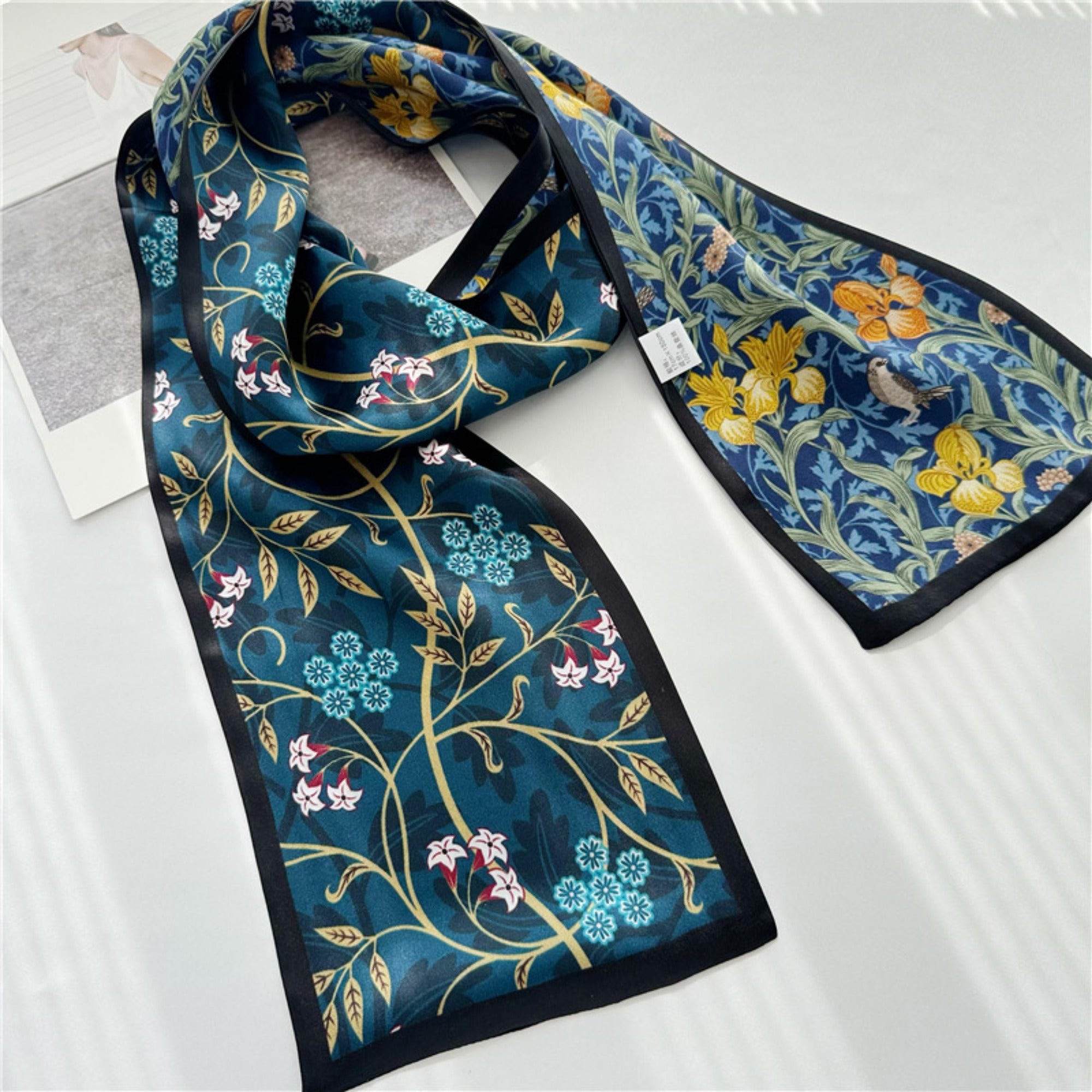 Blue Double-Sided Floral Mulberry Silk Scarf | Soft & Romantic Long Ribbon