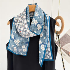 Elegant Blue Floral Plaid Silk Scarf | Graceful Checkered Mulberry Silk Ribbon