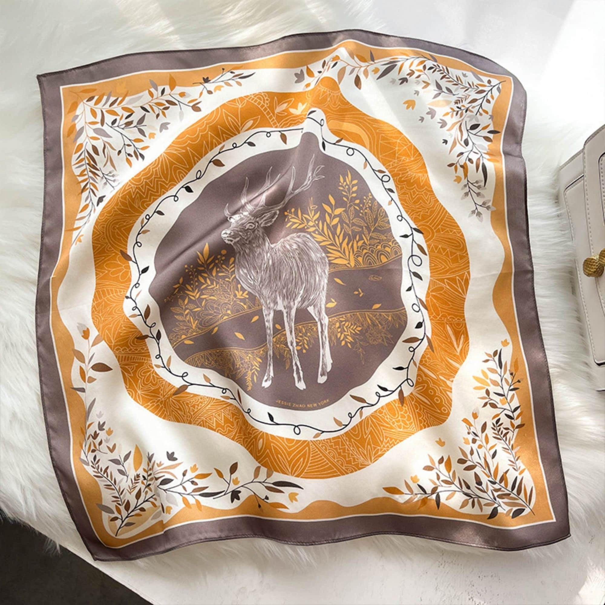 ムースプリント 100% 桑シルクスカーフ/シルクヘッドスカーフ/シルクヘアスカーフ/シルクネックスカーフ/母の日ギフト/バッグアクセサリー/彼女へのギフト