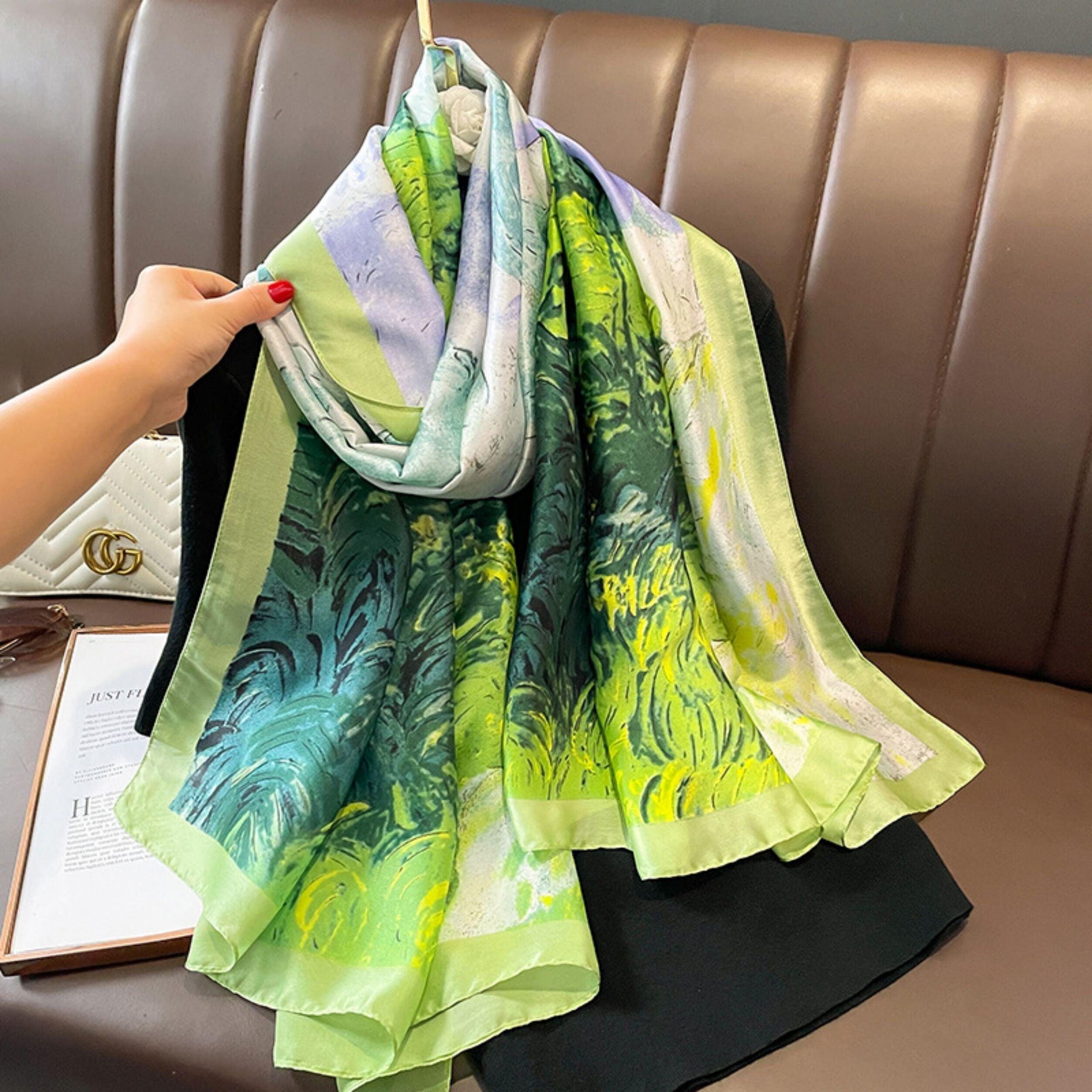 油絵明るいグリーン/180cm*90cm/サテンロングスカーフ/ボヘミアンショール/シルクショール/ヘッドスカーフ/お母さんへのギフト