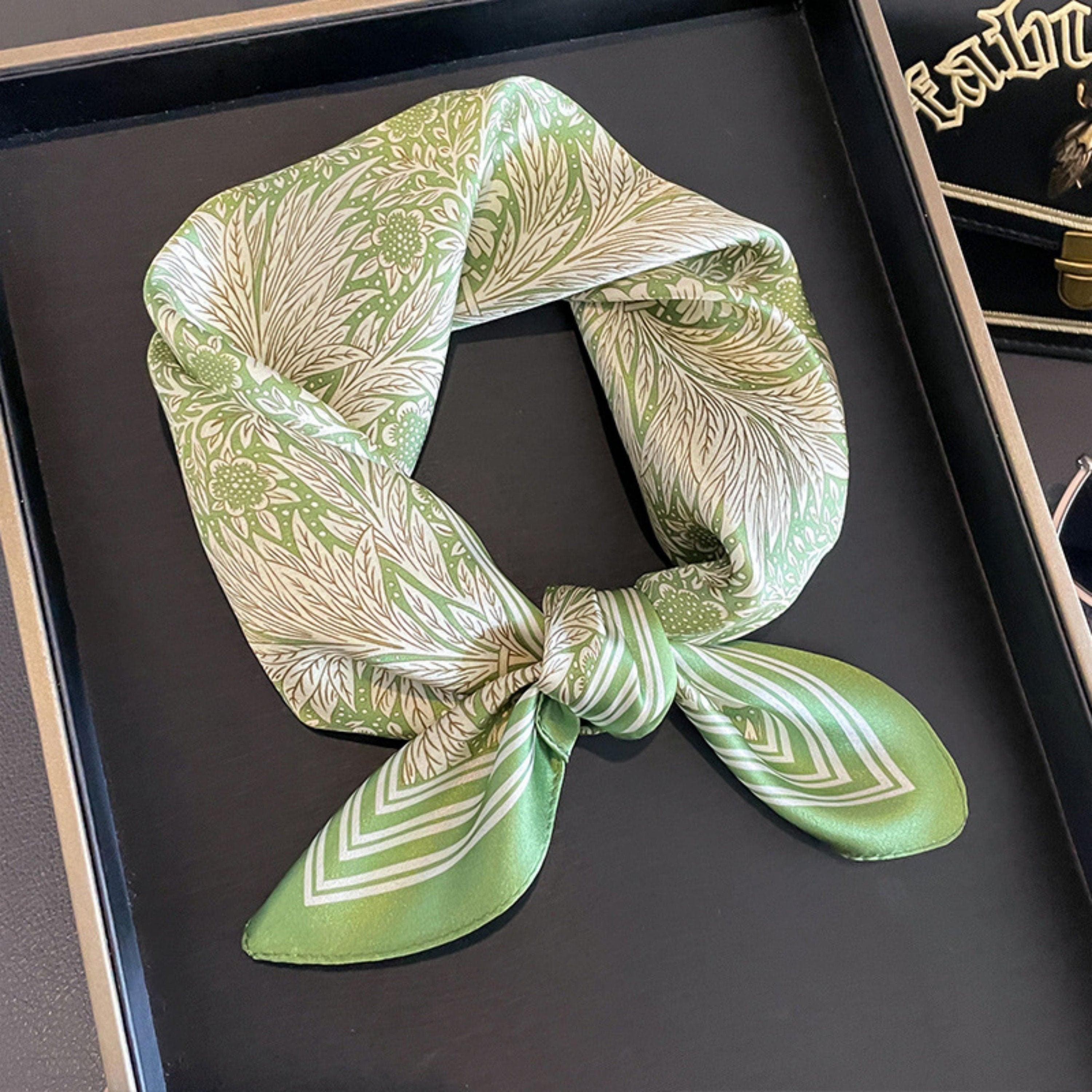Green Floral Silk Scarf/100% mulberry Silk Scarf/Silk head scarf/Silk hair scarf/Silk neck scarf/Silk bandana/Bag Accessory/Gift for her