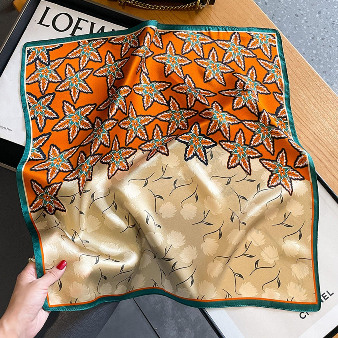 Orange Leaf Silk Scarf/100% mulberry Silk Scarf/Silk head scarf/Silk hair scarf/Silk neck scarf/Silk bandana/Bag Accessory/Gift for her