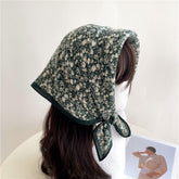 Dark Green Floral Print Square Scarf/Herringbone Weave Square Scarf/Lady's Neck Scarf/Cotton Linen Hand Feeling Scarf/Gift for Her