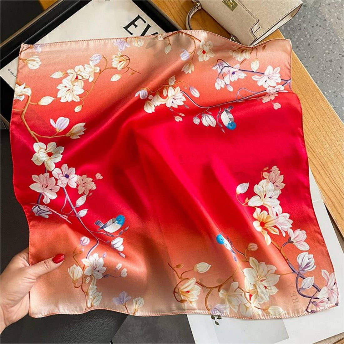 Rouge Red Flower Bird 100% mulberry Silk Scarf/Silk head scarf/Silk hair scarf/Silk neck scarf/Mother&