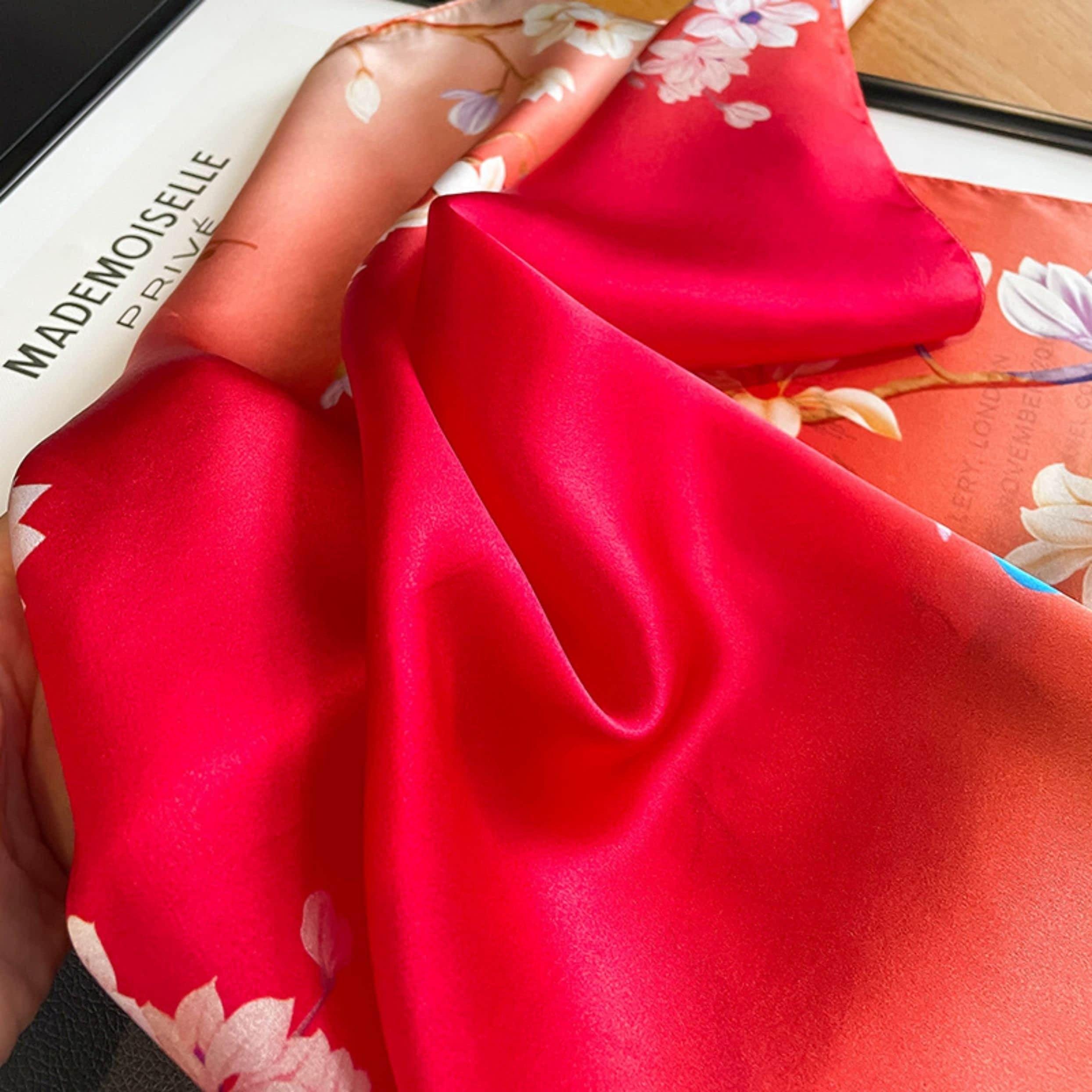 Rouge Red Flower Bird 100% mulberry Silk Scarf/Silk head scarf/Silk hair scarf/Silk neck scarf/Mother&
