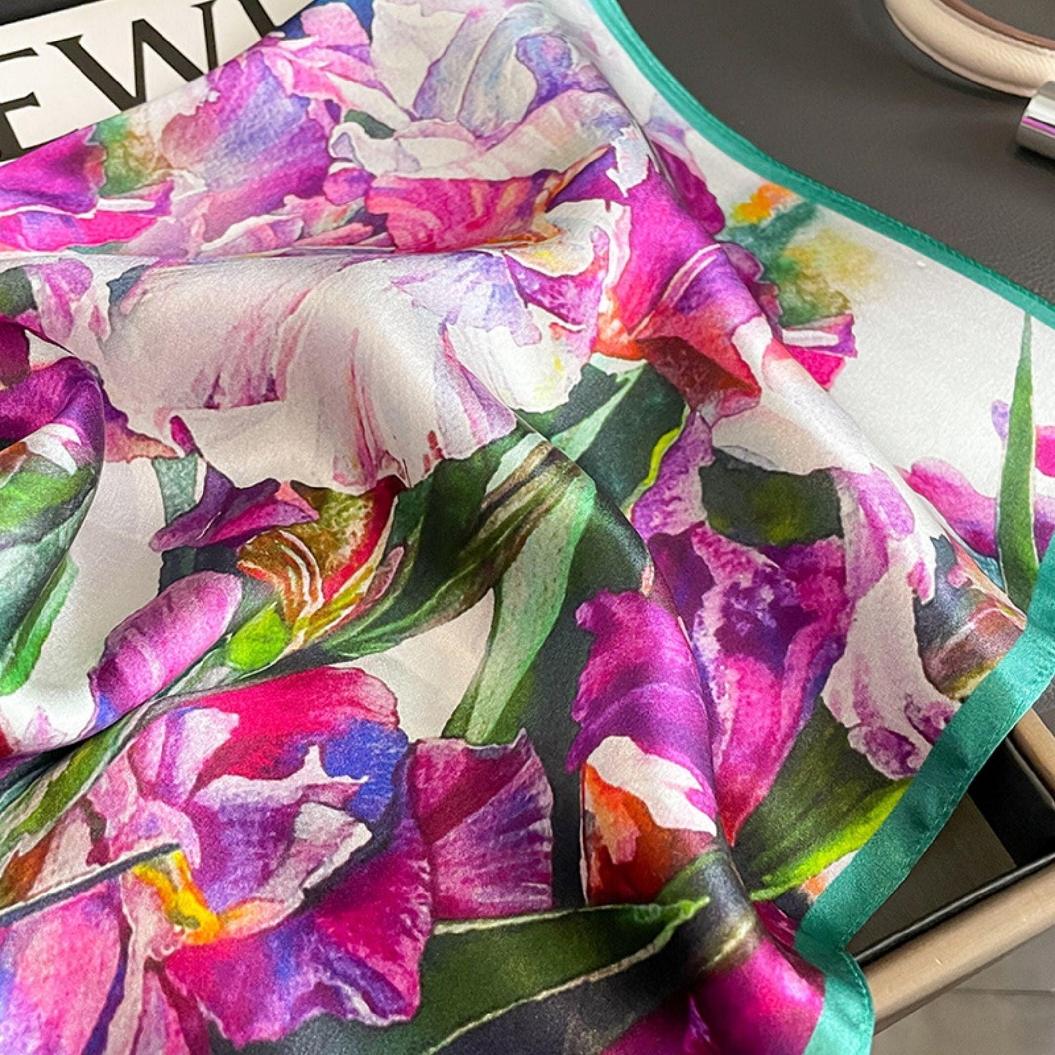 油絵花柄 100% 桑シルクスカーフ/シルクヘッドスカーフ/シルクヘアスカーフ/母の日ギフト/バッグアクセサリー/彼女へのギフト