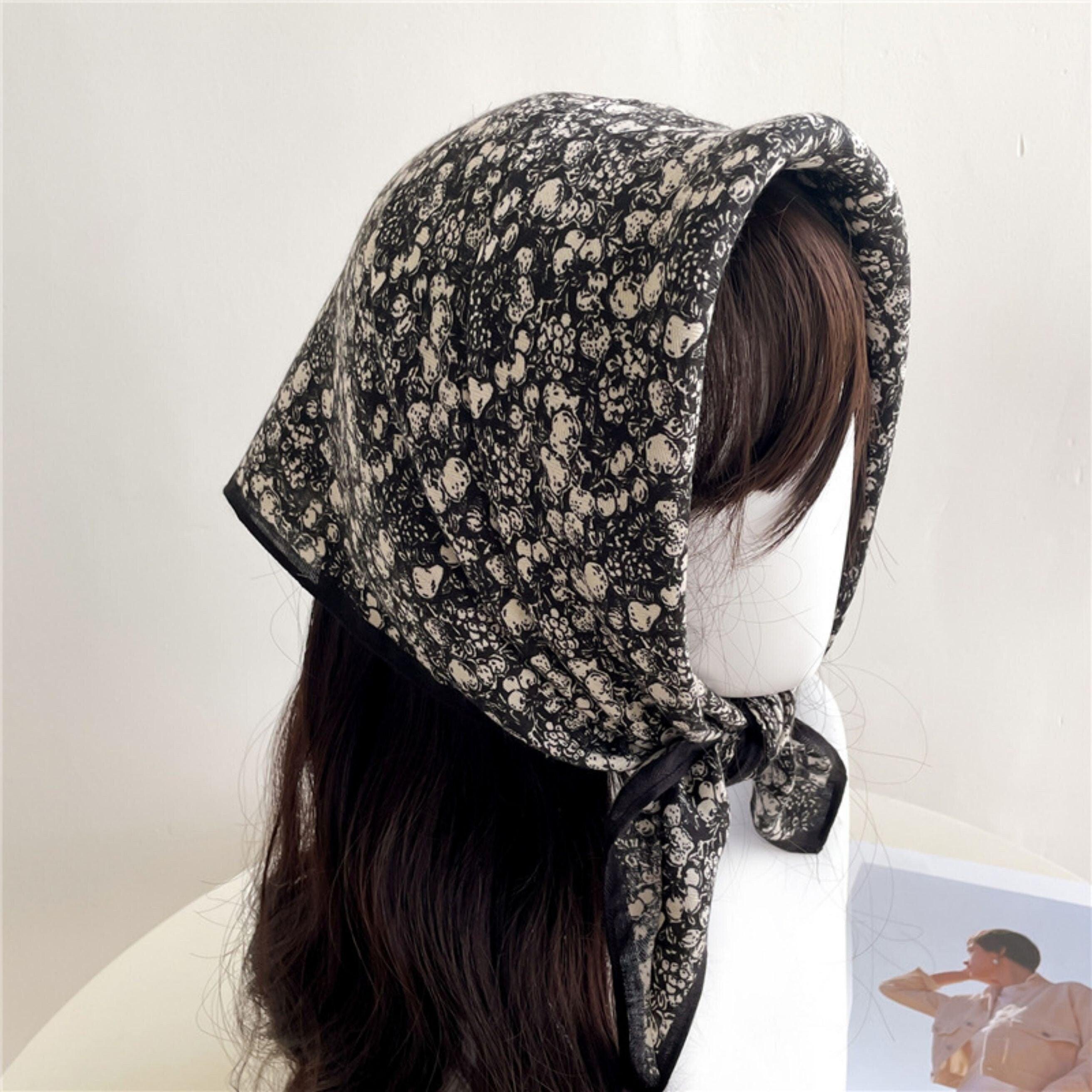 ダークグリーン花柄スクエアスカーフ/ヘリンボーン織りスクエアスカーフ/レディースネックスカーフ/コットンリネンハンドフィーリングスカーフ/彼女へのギフト