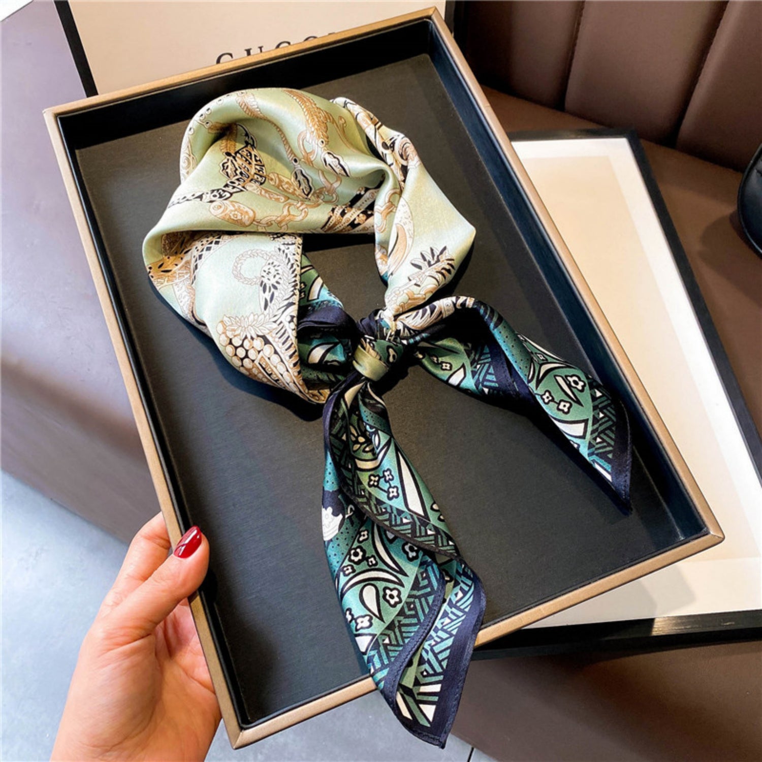 Modern Dark Green Silk Scarf – Simple Print | 100% Mulberry Silk Twill 65CM | Stylish Gift for Her