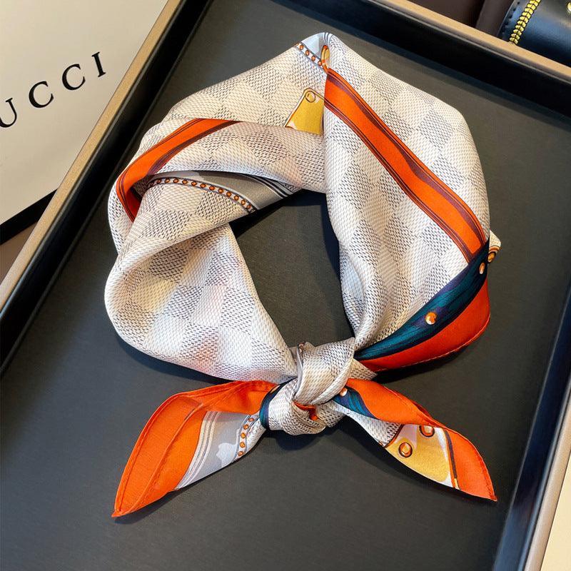 Orange Plaid Print 100% mulberry Silk Scarf/Silk head scarf/Silk hair scarf/Silk neck scarf/Mother&