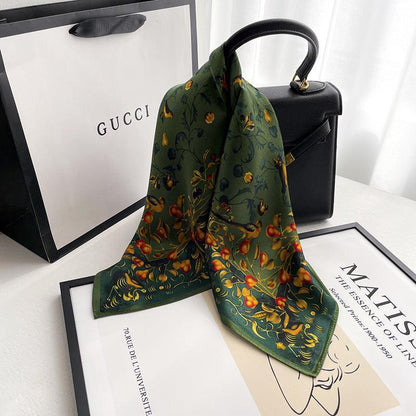 グリーン フローラ シルク スカーフ/100% マルベリー シルク スカーフ/シルク ヘッド スカーフ/シルク ヘア スカーフ/シルク ネック スカーフ/シルク バンダナ/バッグ アクセサリー/彼女へのギフト