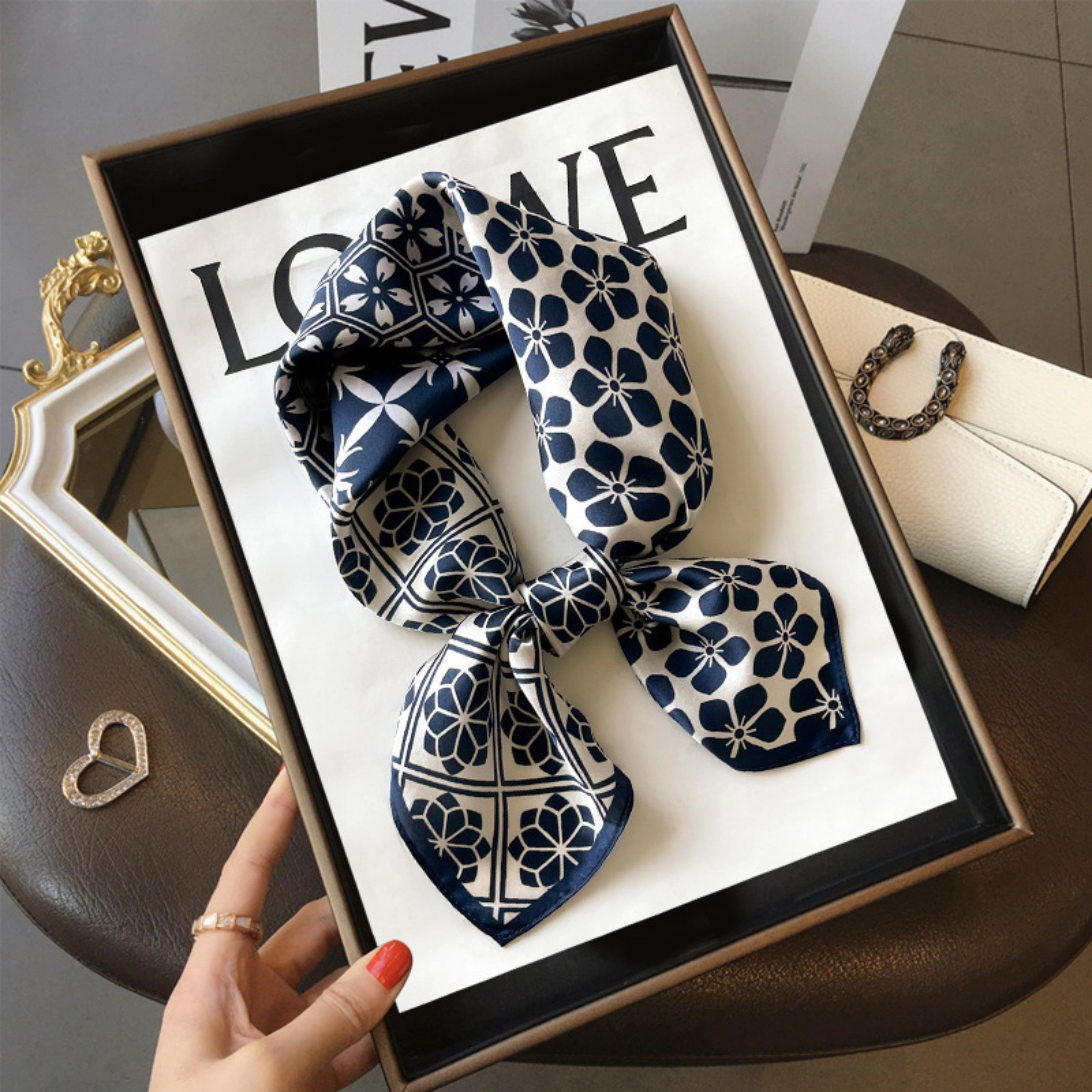 Navy Checkerboard Silk Scarf – 100% Mulberry Silk Twill 65CM | Elegant Square Scarf | Gift for Mom