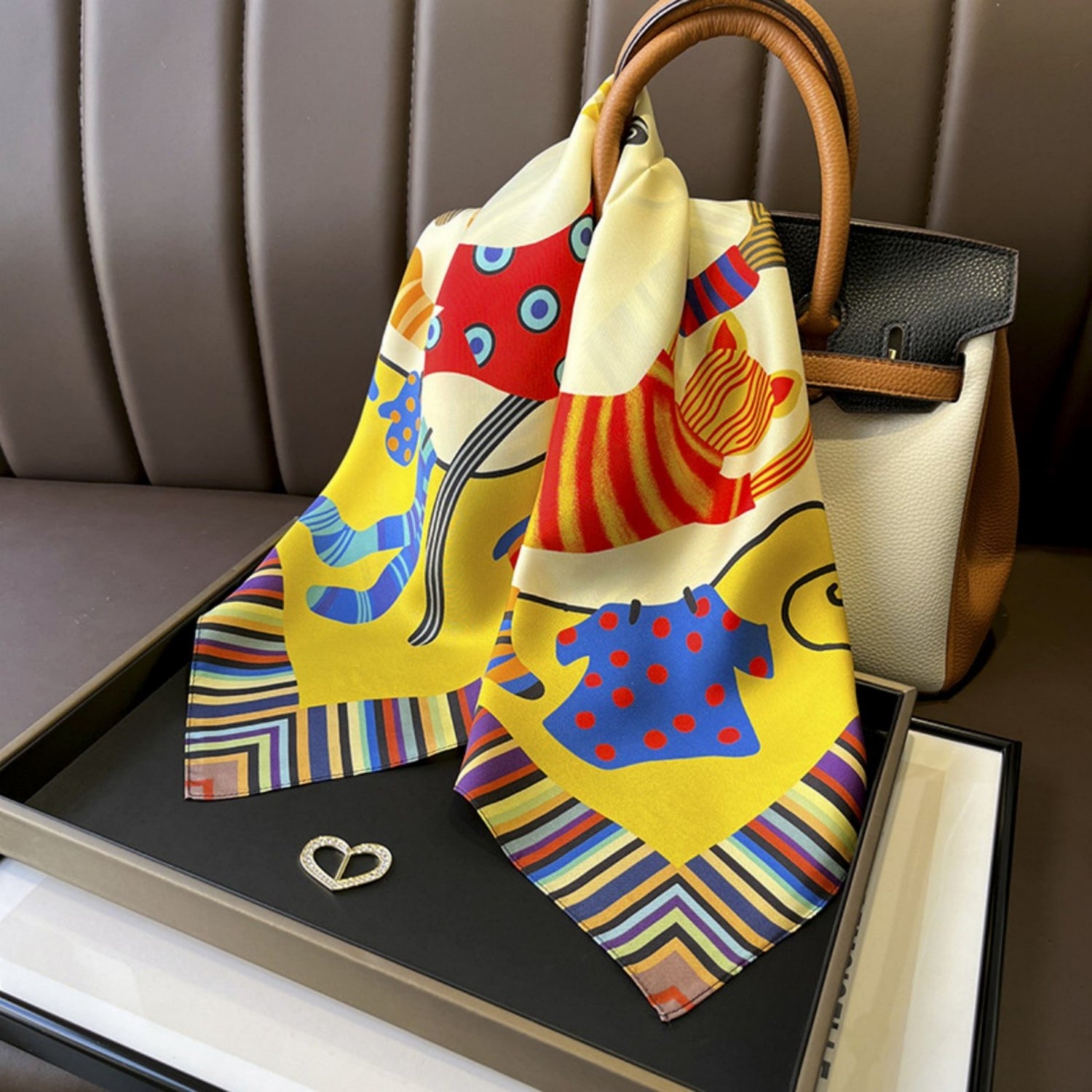 Colorful Cartoon Bengal Cat Silk Scarf – 100% Mulberry Silk Twill 65CM | Luxury Silk Shawl | Gift for Her