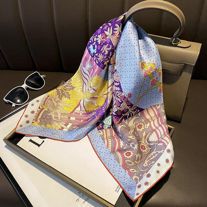 Patchwork jungle pattern Luxurious 65cm Mulberry Silk Square Scarf/Hand-Rolled Hem/Small Neck Scarf/Gift For Her