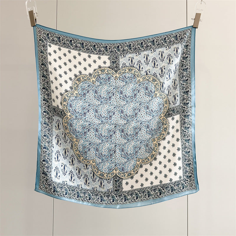 New Arrival: Light Blue 100% Mulberry Silk Square Scarf with Happiness Tree Pattern - 65CM Elegant Shawl, Perfect Gift for Her