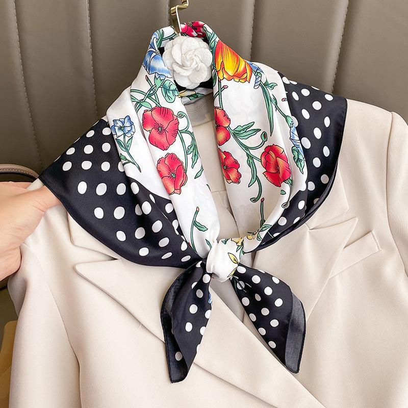 Vintage polka dots prints 70cm square scarf, Silk textured scarf, Sun protection satin scarf, Neck scarf, Satin Shawl, Gift