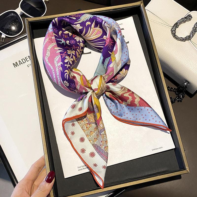 Patchwork jungle pattern Luxurious 65cm Mulberry Silk Square Scarf/Hand-Rolled Hem/Small Neck Scarf/Gift For Her